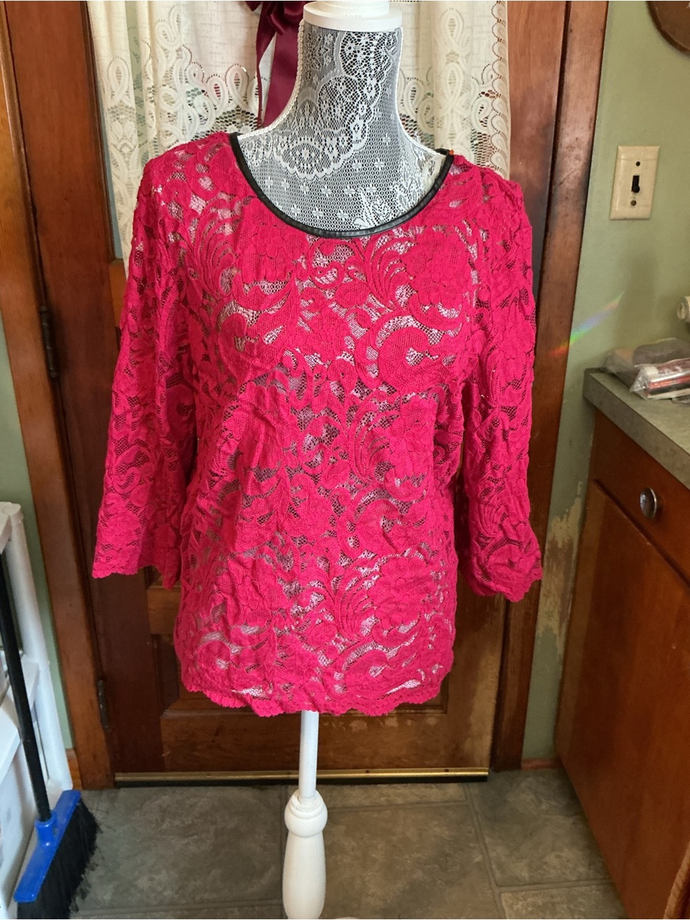 Bisou Bisou Hot Pink Lace Scoop Neck Blouse